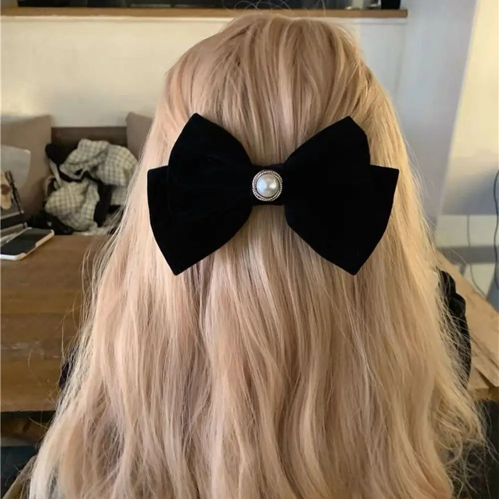 Black Velvet Bow Hair Clip Retro Camellia Velvet Ribbon Hairpin Festival Gift Duckbill Bow Tie Spring Clip