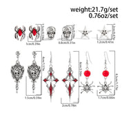 Ingemark 6Pairs/Set Halloween Red Crystal Skull Spider Metal Drop Earrings for Women Goth Cross Rose Piercing Earrings Jewelry