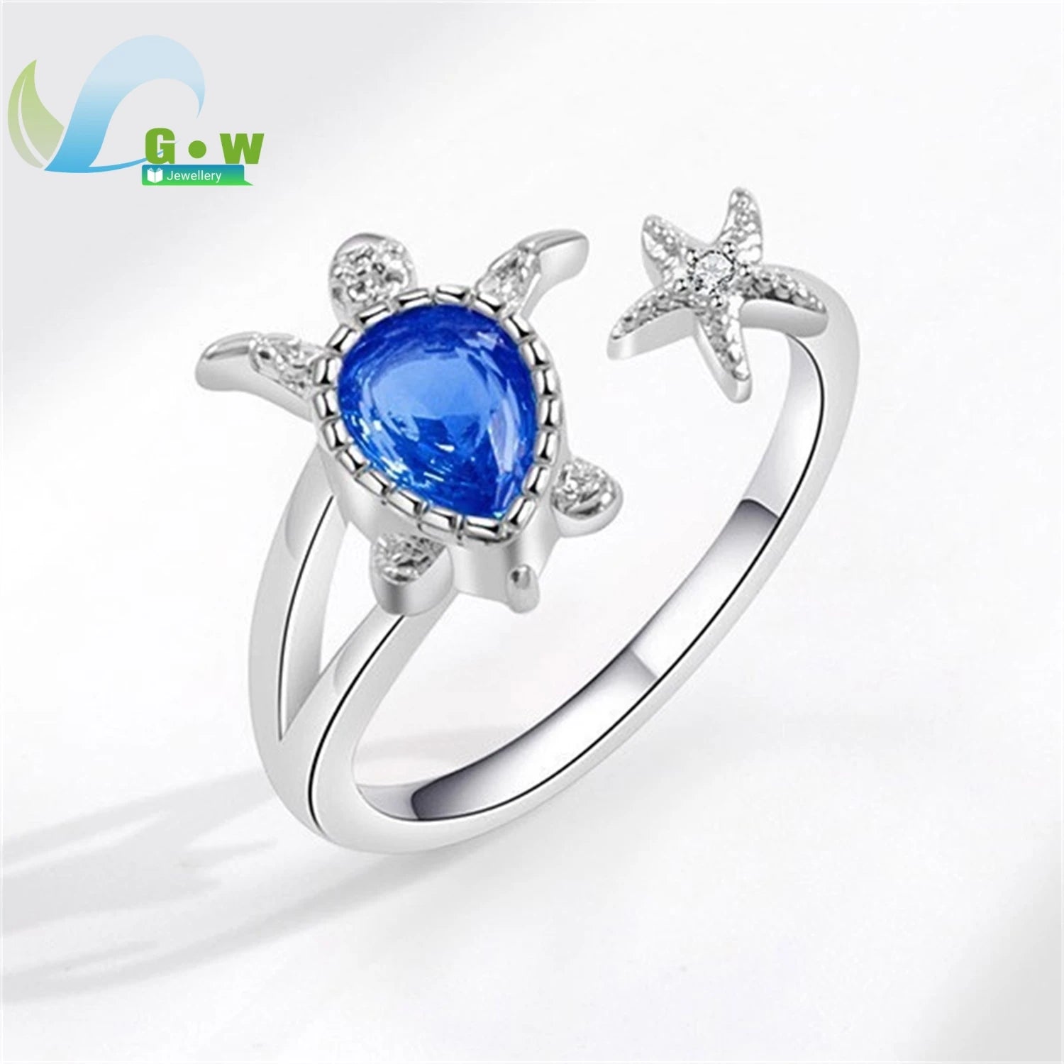 Mermaid Theme Adjustable Open Ring Blue Crystal Fish Tail Korean Minimalist Forest Style Stackable Finger Jewelry for Women Girl