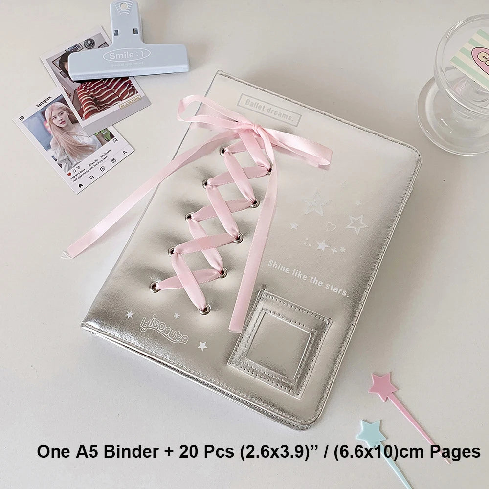 Silver PU Photocard Binder with Pink Ribbon — Selected Size and Page Pack