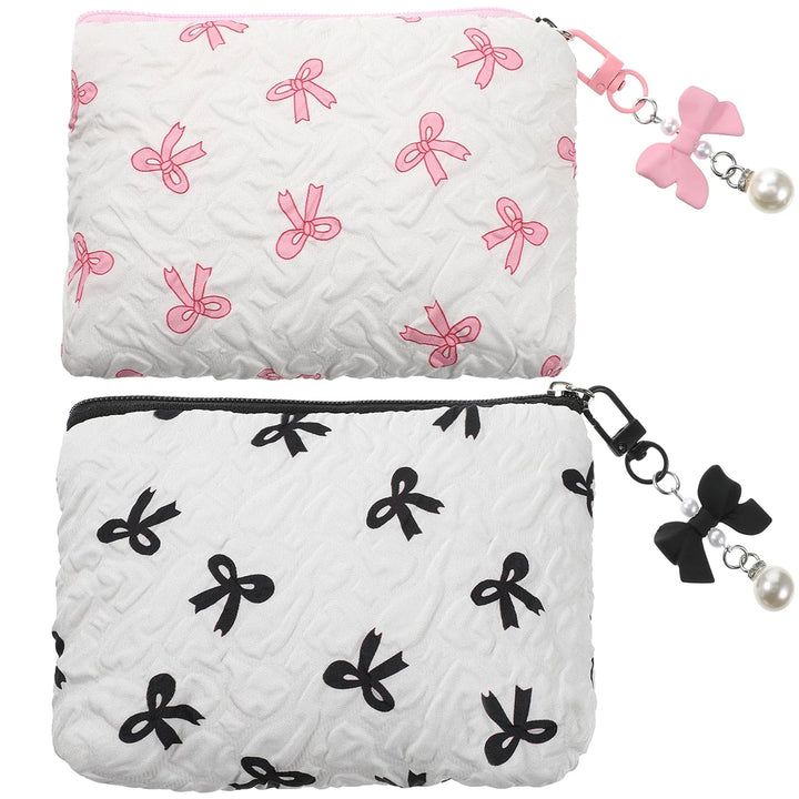 Bow-Print Polyester Mini Cosmetic Pouch — 14 × 10 cm