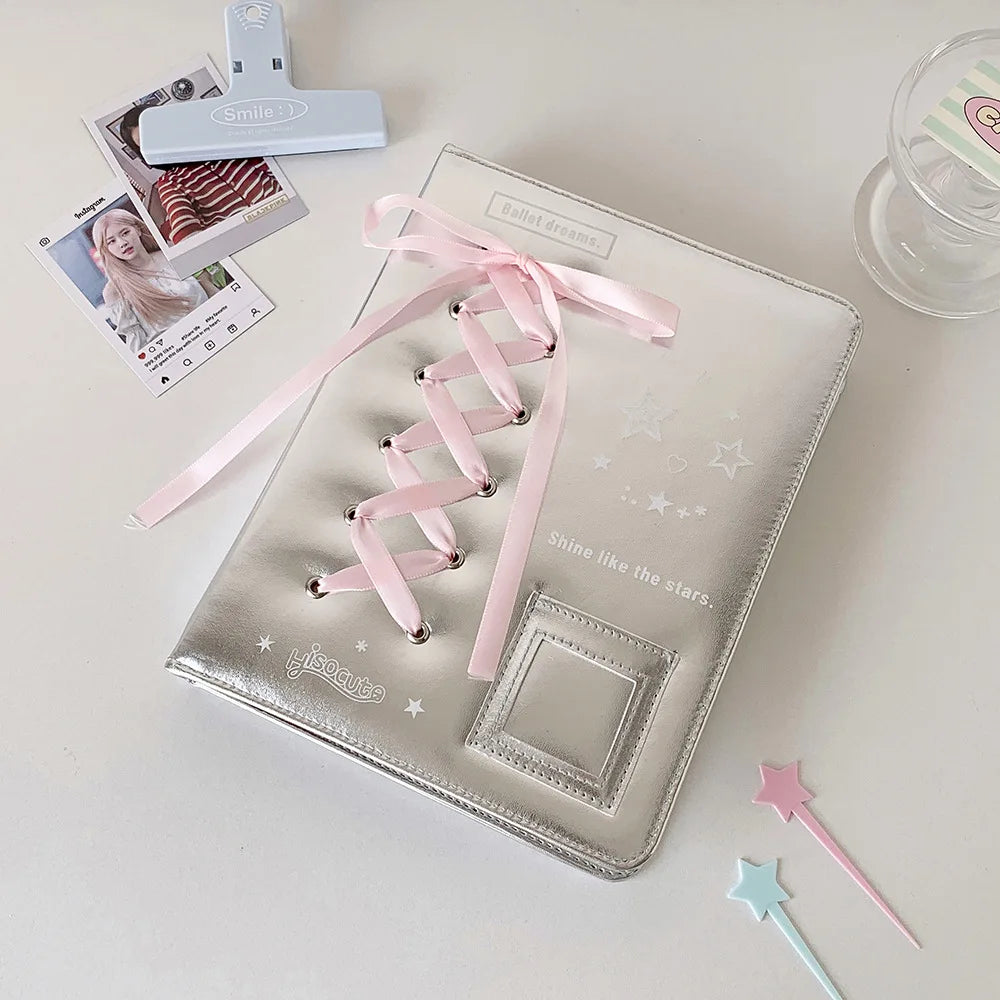 Silver PU Photocard Binder with Pink Ribbon — Selected Size and Page Pack