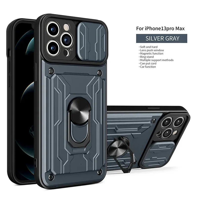 Luxury Shockproof Case For iPhone 17 16 15 14 13 Pro Max 12 11 XR X 8 7 Plus SE2/SE3 Rotation Metal Ring Stand And Card Slot