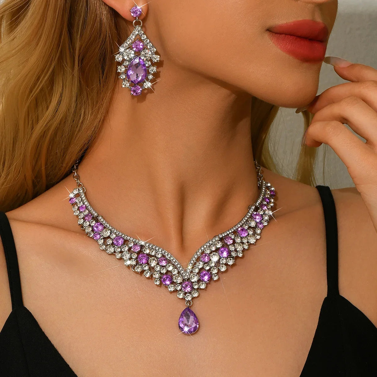 FYUAN Women's Jewelry Set Red Blue Water Drop Crystal Earrings Necklace Zinc Alloy Casual Style All Season Wear