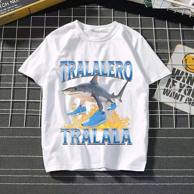 Tralalero Tralala Cotton T-shirt Kids Anime Tungtung Sahur Brainrot Tees Boy Girl Summer Short Sleeve Children Clothes Tops Gift
