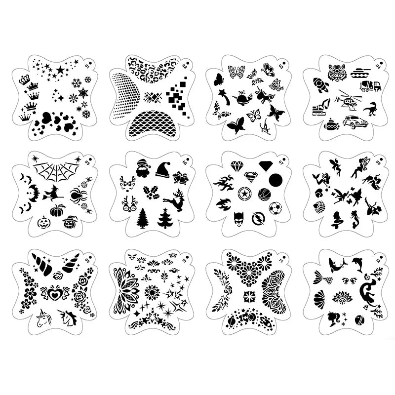 10 Pcs Children Stencils Face Painting Washable Body FaceTattoo Spray Painting DIY Template For Kids 13*13cm Holiday Decorations