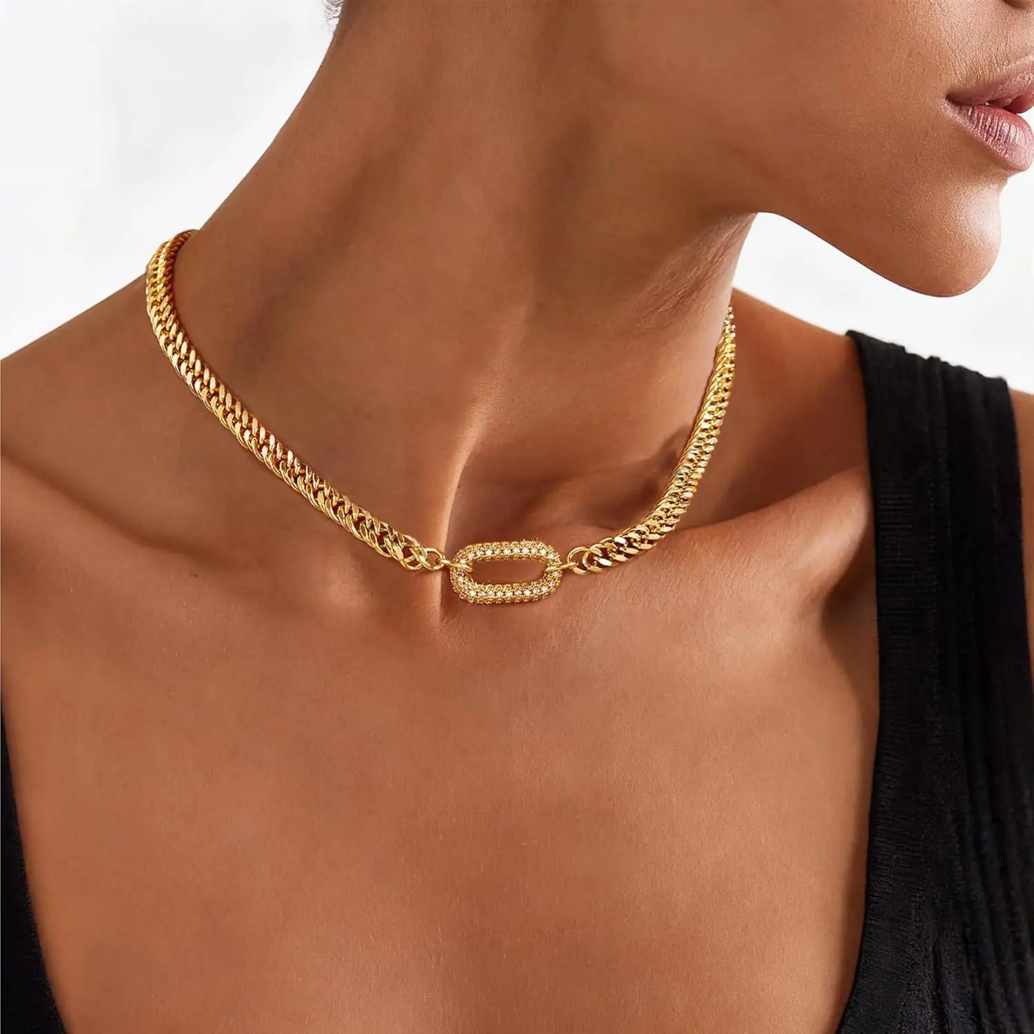 Stainless steel electroplated vintage niche necklace, punk rock heavy duty zircon-encrusted clavicle necklace, Cuban chain
