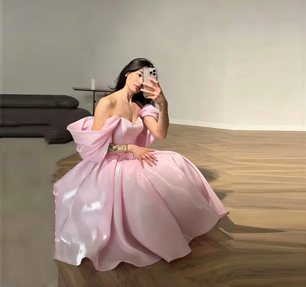 Modern Pink Evening Dresses Off The Shoulder A-Line Birthday Party Dresses Corset Shiny Ankle Length Prom Gowns Customized
