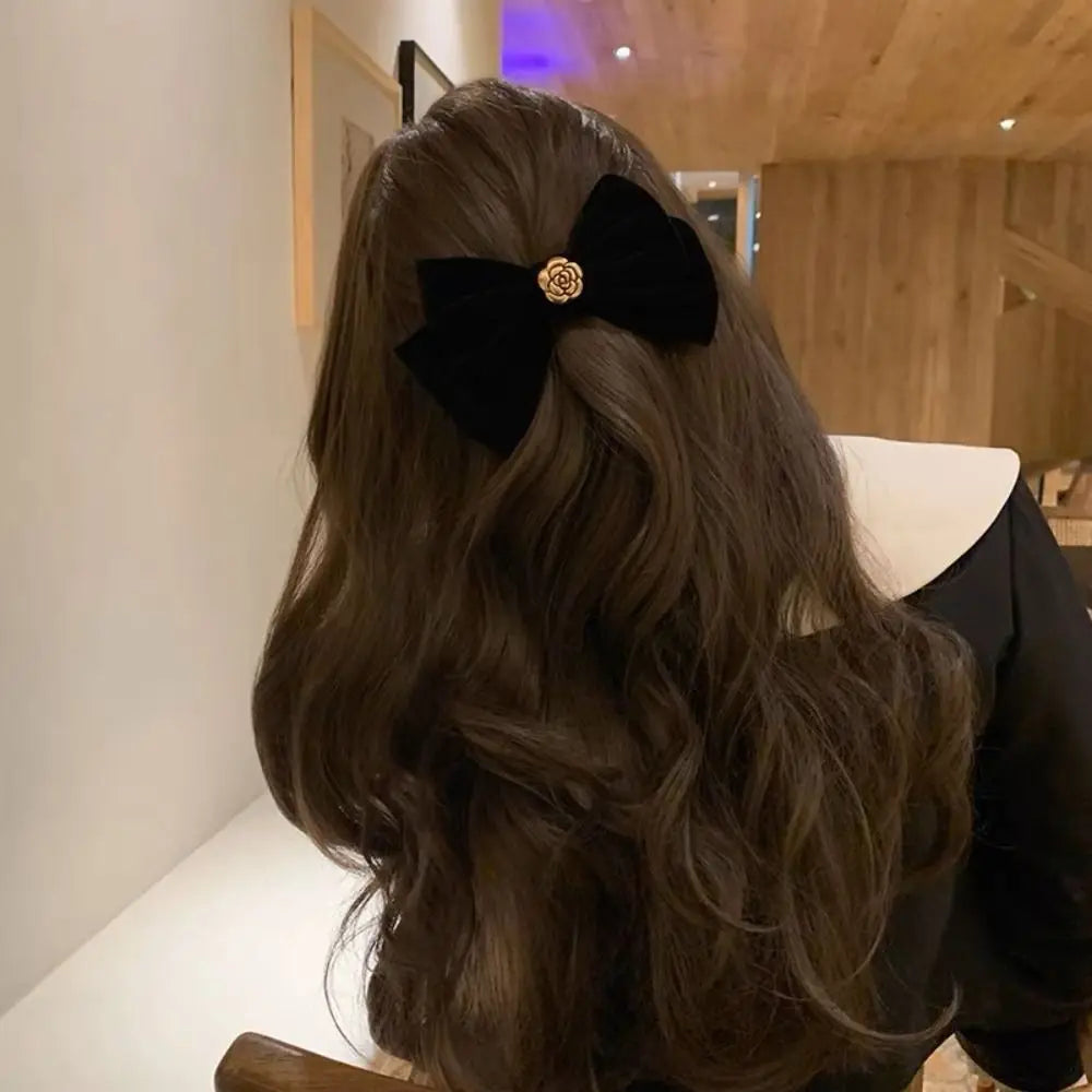 Black Velvet Bow Hair Clip Retro Camellia Velvet Ribbon Hairpin Festival Gift Duckbill Bow Tie Spring Clip