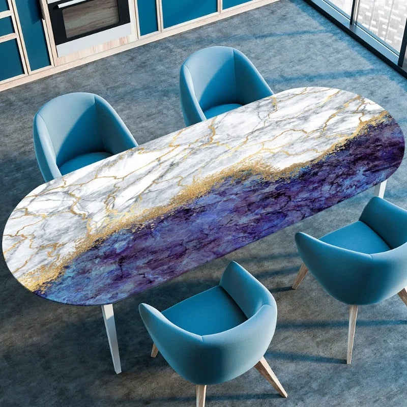 Marble Textured Printed Oval Tablecloth, Marble Style Tablecloth with Elastic Band and Edge Closure, Oval Table Cover