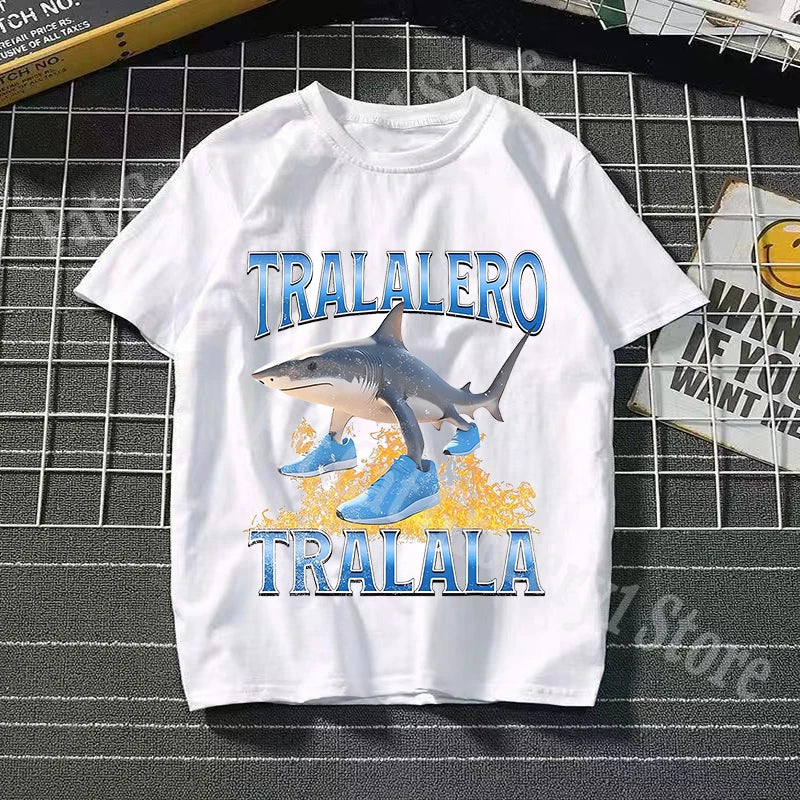 Tralalero Tralala Cotton T-shirt Kids Anime Tungtung Sahur Brainrot Tees Boy Girl Summer Short Sleeve Children Clothes Tops Gift