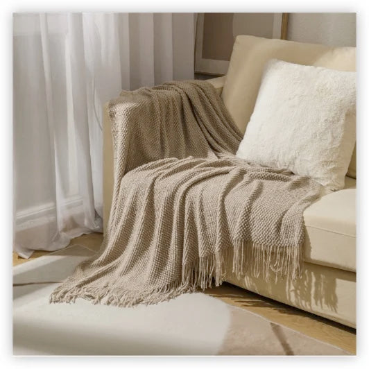 Acrylic Knit Throw Blanket with Tassels — Solid Colors, Three Sizes