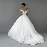 Customized White Princess Off The Shoulder Lace Appliques Wedding Dresses Sweep Train Bridal Gowns A-Line Tulle Bride Dress