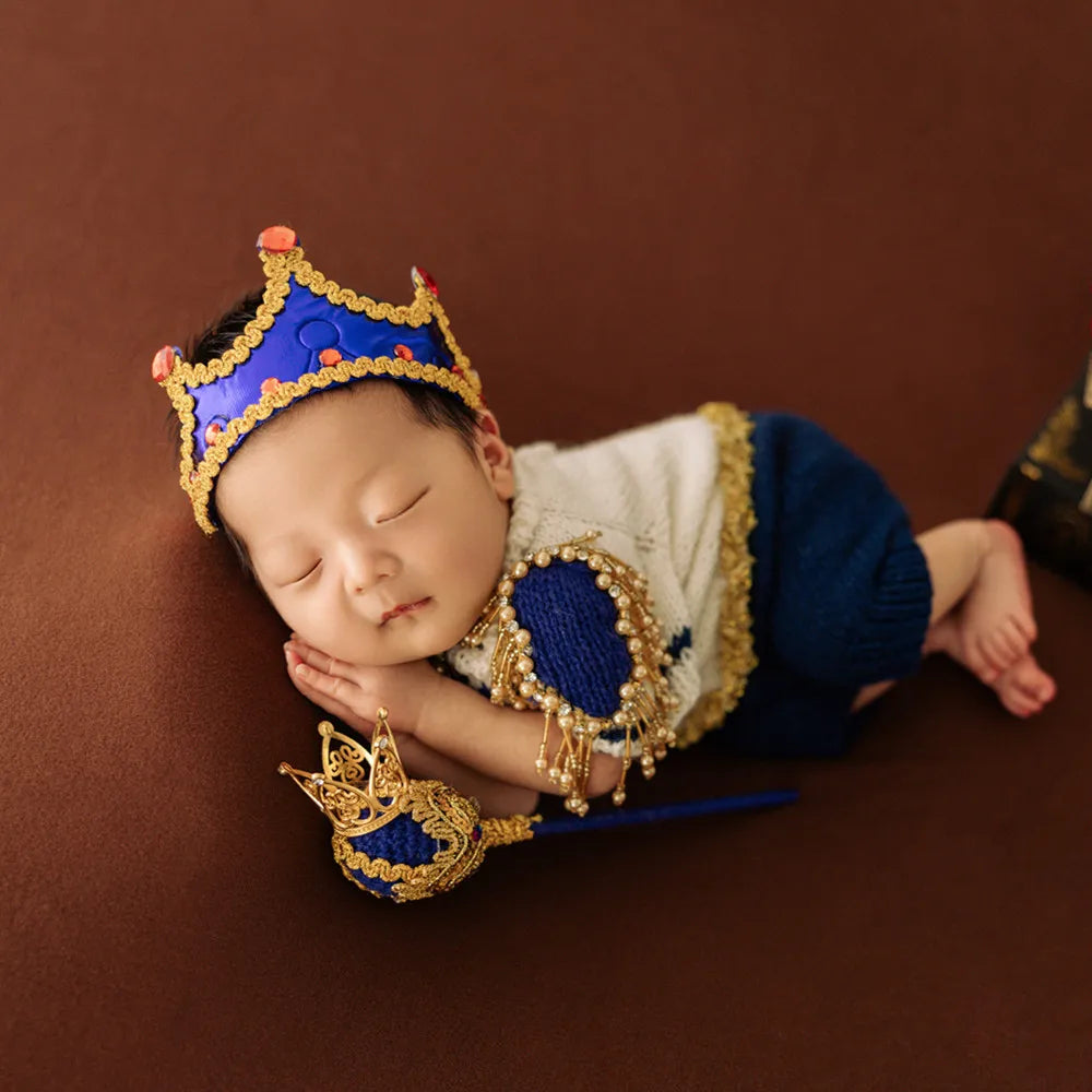❤️Newborn Photography Clothing Crown*2+Jumpsuit+Scepter 4Pcs/set Baby Boy Photo Props Accessories King Clothes Outfits