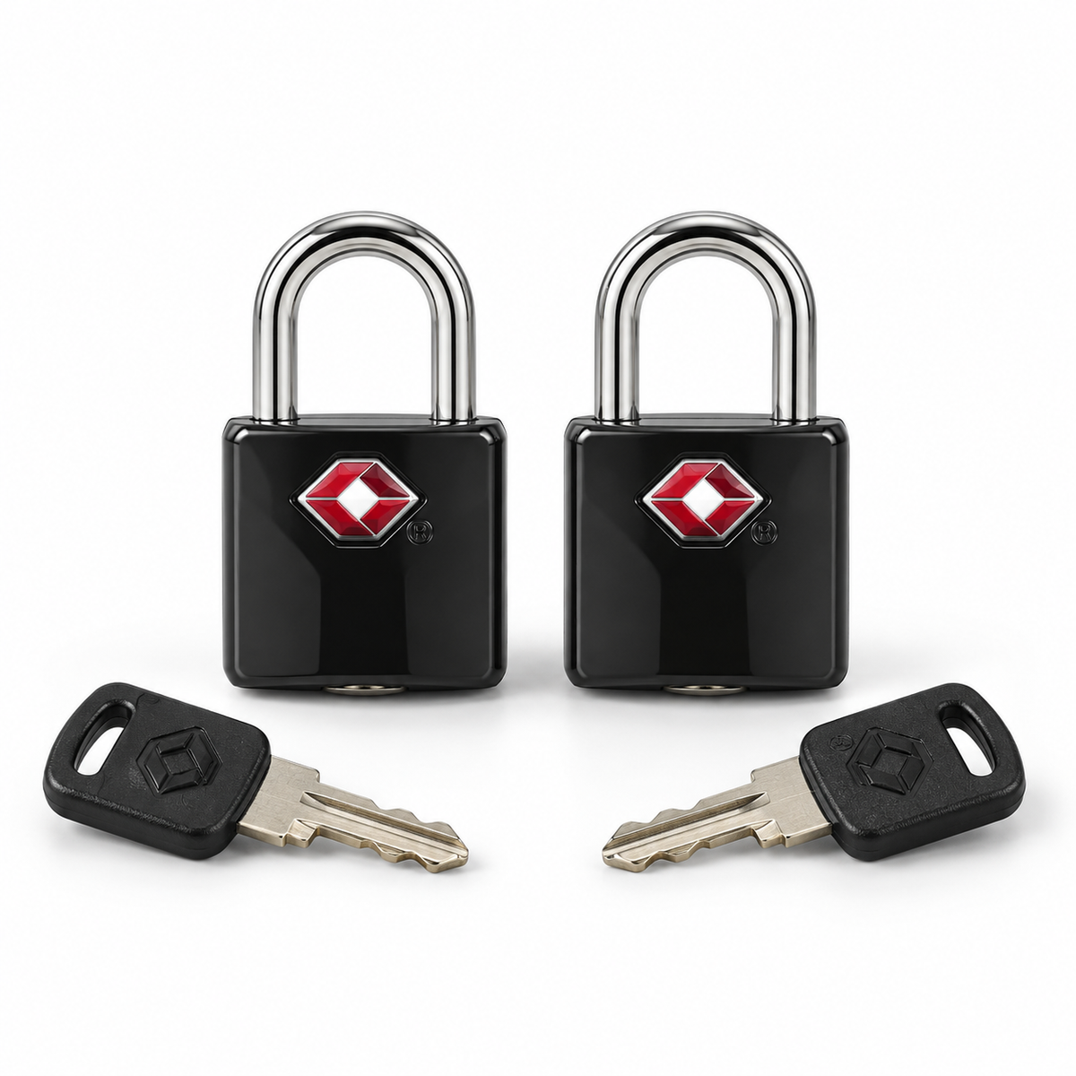 Two American Tourister black TSA key locks on a white studio background