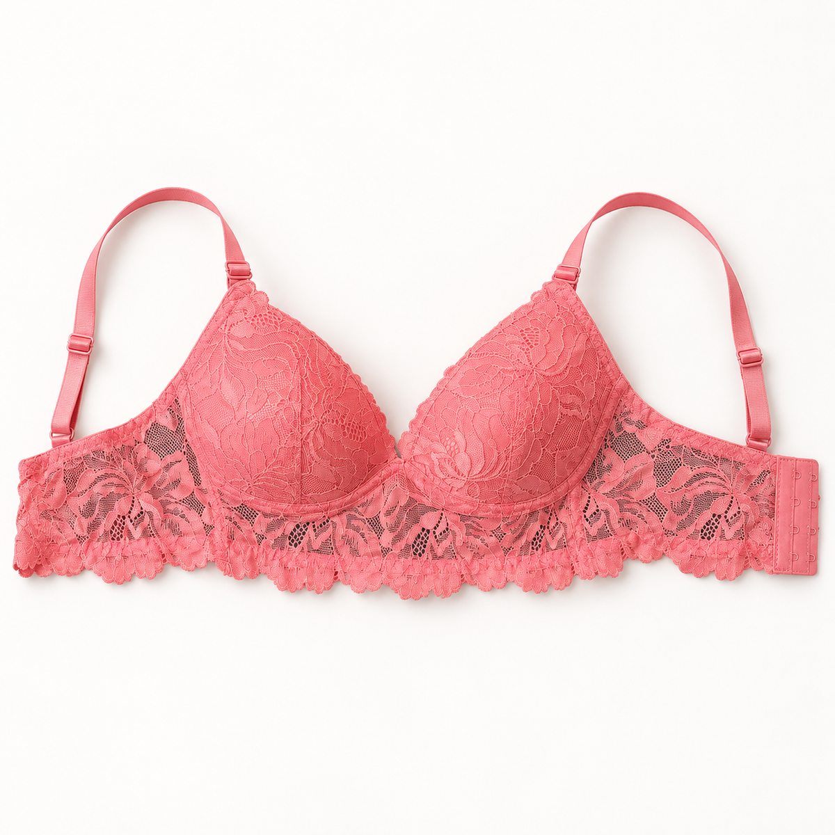 B.Luxe coral pink floral lace wire-free bra on a white studio background