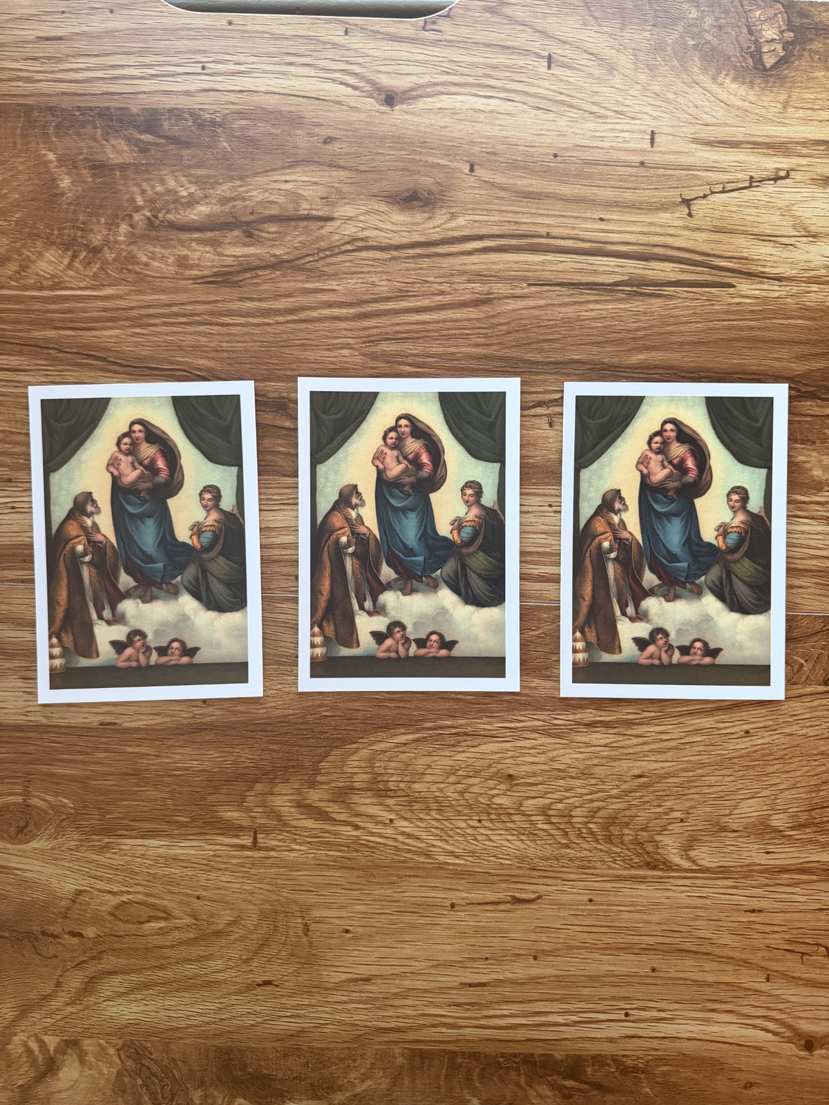 Sistine Madonna — Raphael Art Postcards original artwork reference; received pack contains 3 identical cards