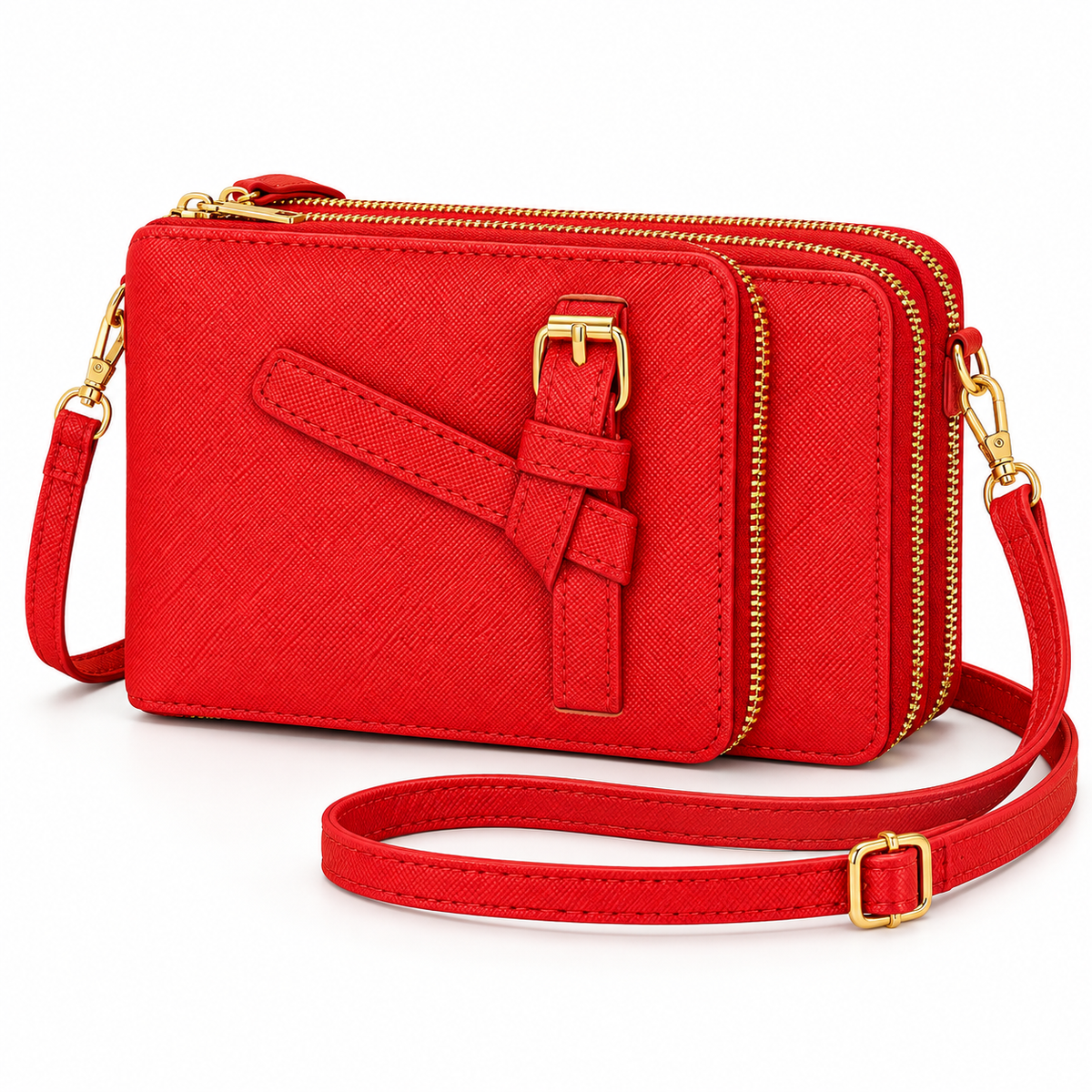 Chic Unlimited red triple-zip crossbody wallet studio view