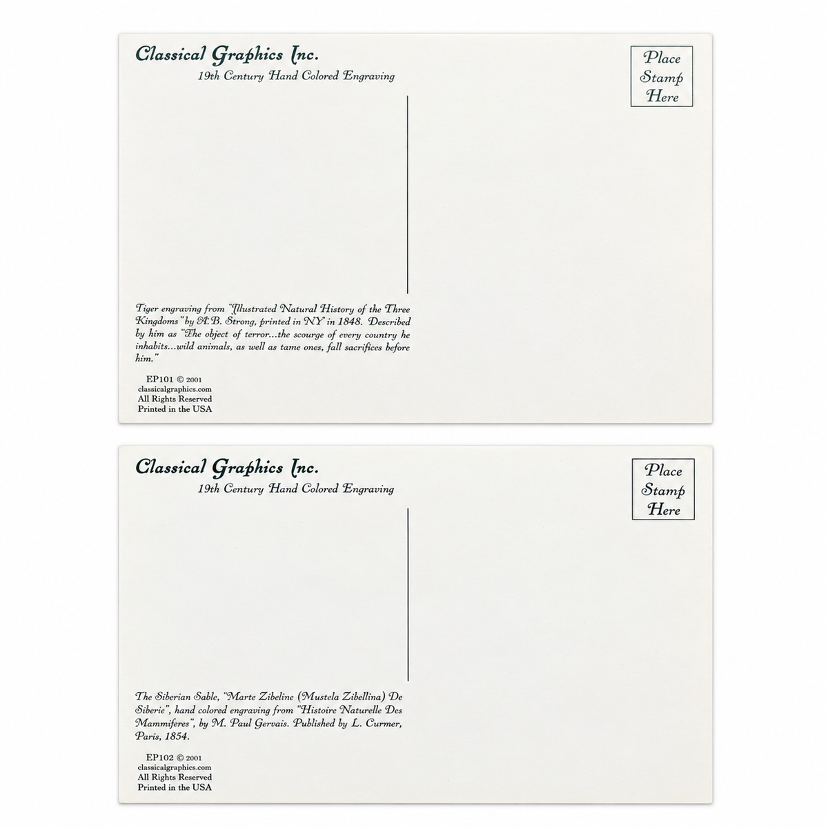 Classical Graphics tiger and Siberian sable two-postcard set — back