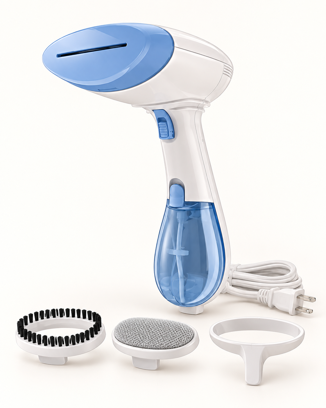 White and blue handheld garment steamer with attachments