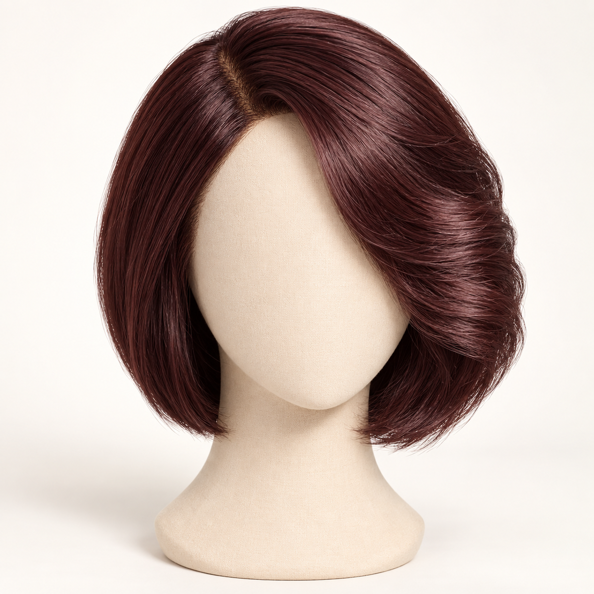Deifor short straight burgundy brown synthetic bob wig on a neutral mannequin head
