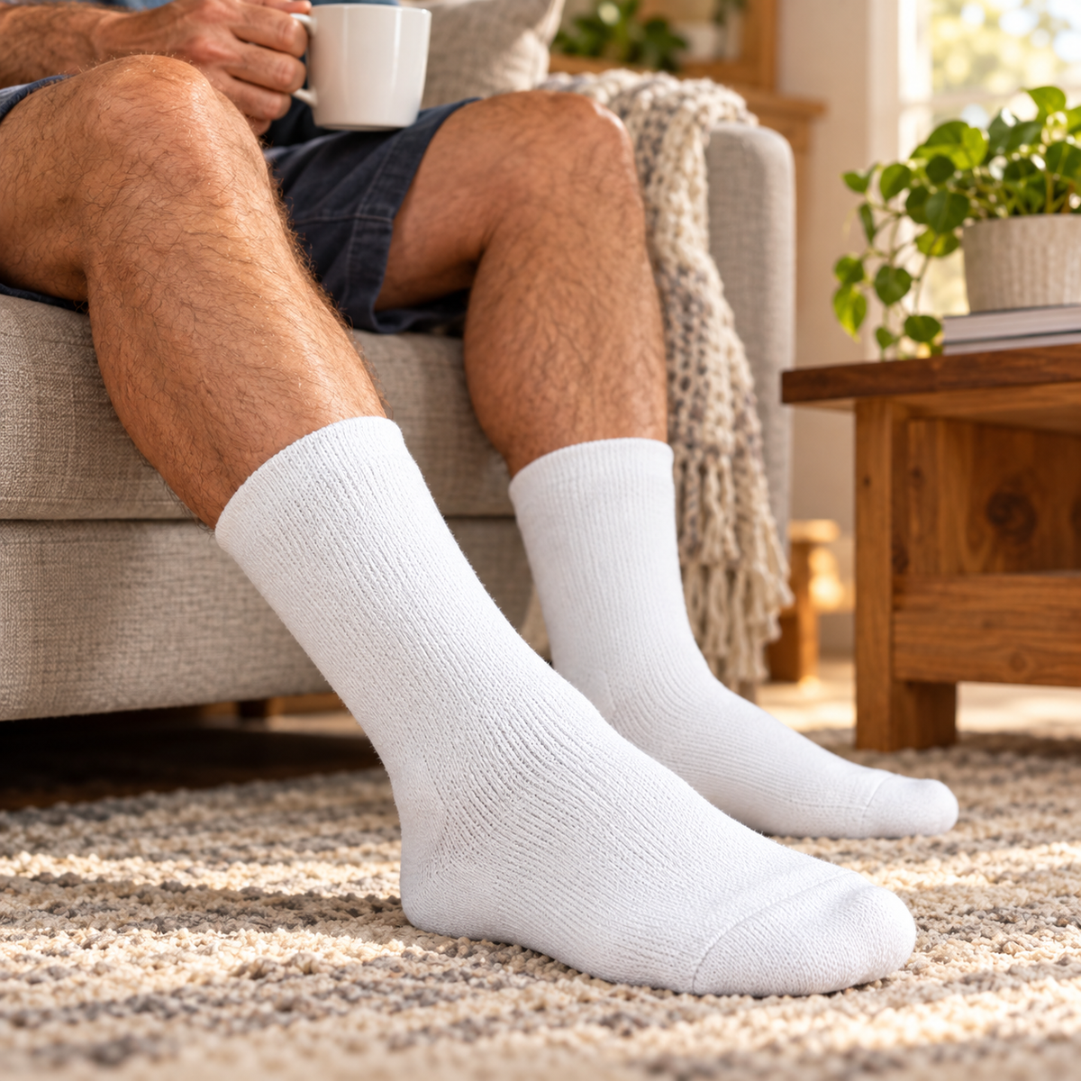 Men's white non-binding comfort crew socks worn at home
