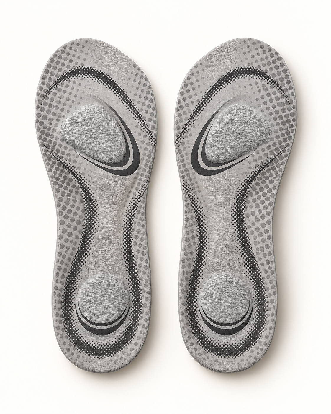Pair of gray comfort insoles on warm white