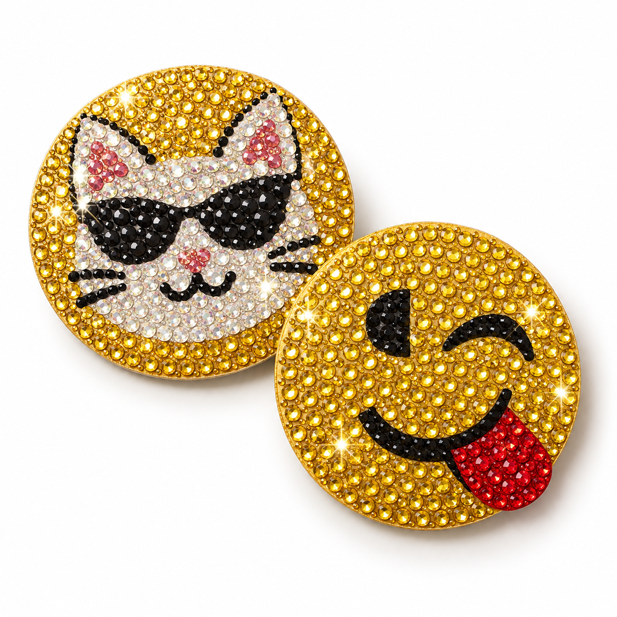 Two emoji rhinestone stickers on a white studio background
