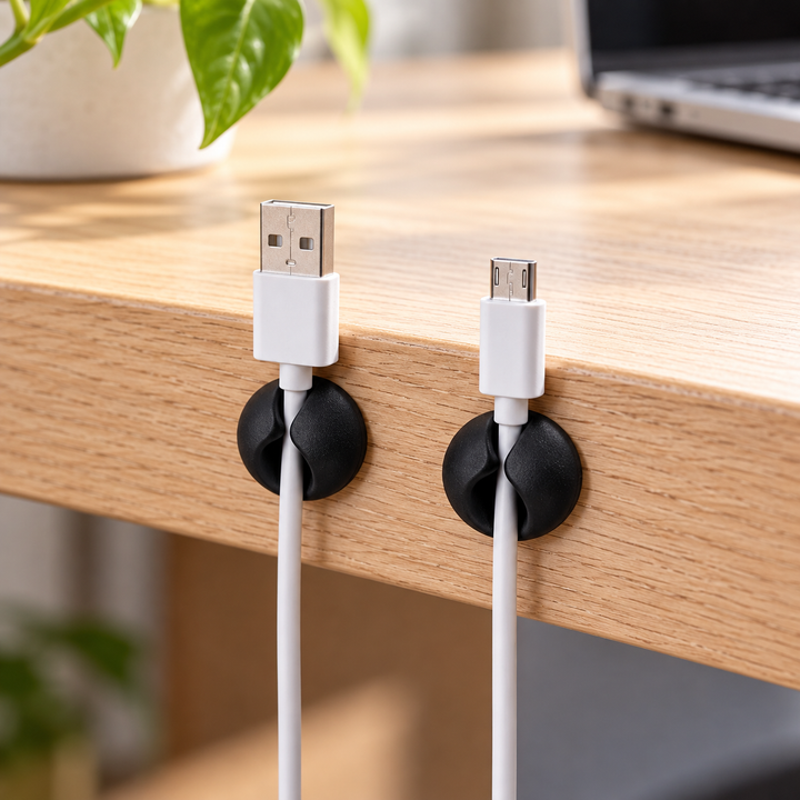 Black Adhesive Cable Clips for Desk Organization — 10 or 20 Pieces