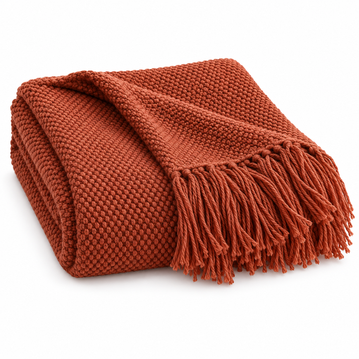 Acrylic Knit Throw Blanket with Tassels — Solid Colors, Three Sizes