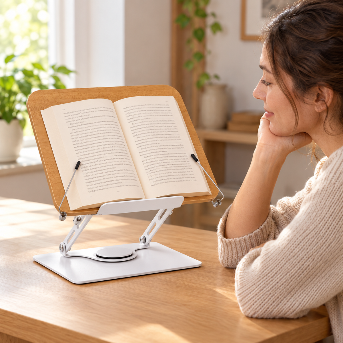 Adjustable Wood-Grain Reading Stand with Rotating Metal Base — 1 Piece