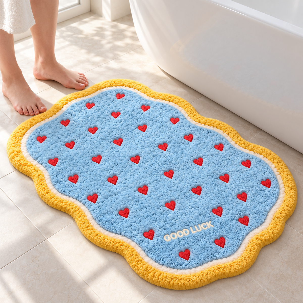 Plush Heart-Pattern Bath Mat with Wavy Border — 40–90 cm, 1 Piece