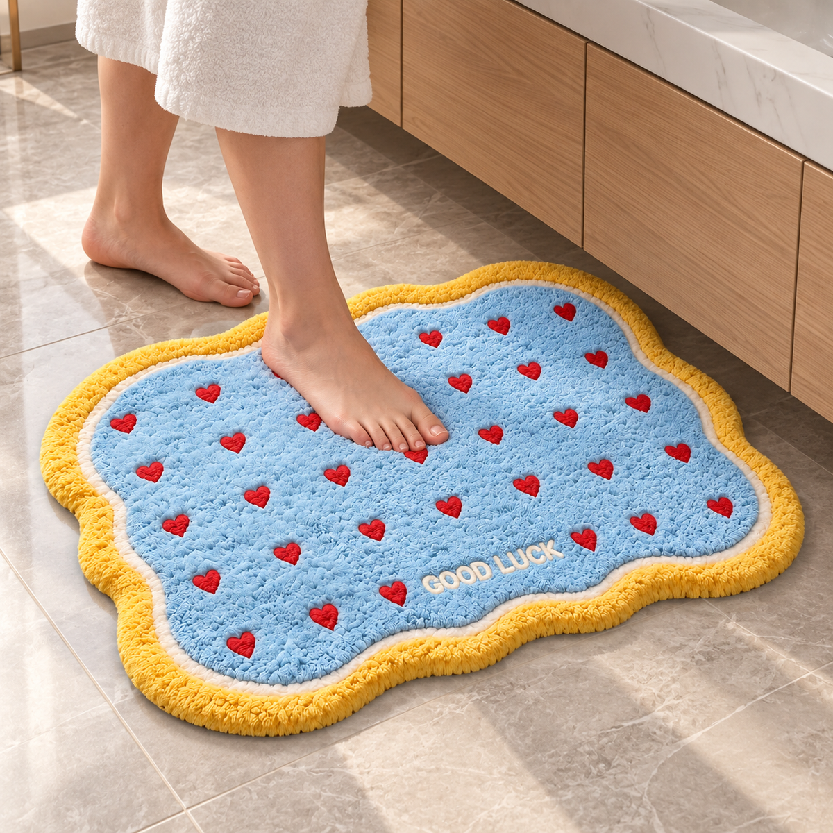Plush Heart-Pattern Bath Mat with Wavy Border — 40–90 cm, 1 Piece