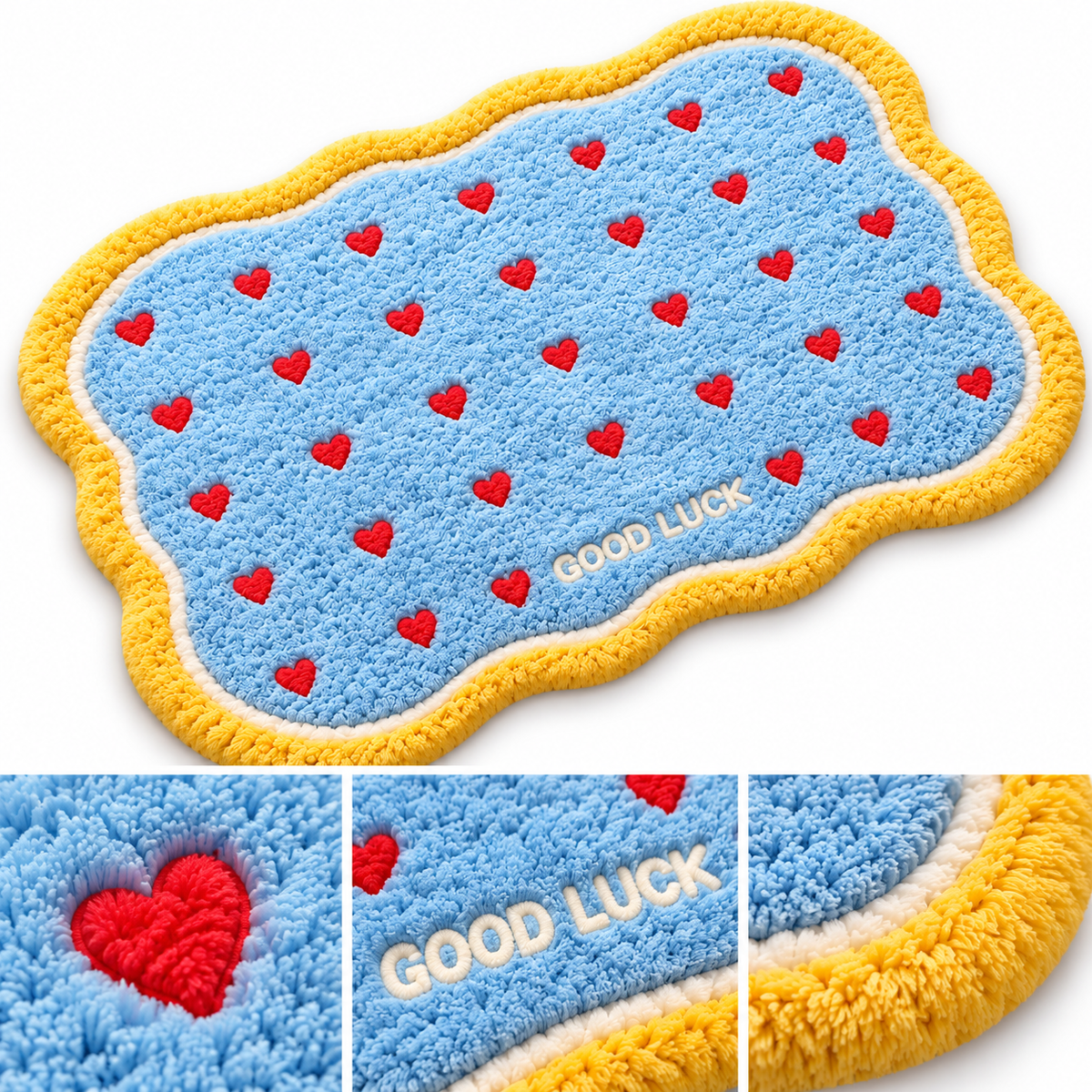 Plush Heart-Pattern Bath Mat with Wavy Border — 40–90 cm, 1 Piece