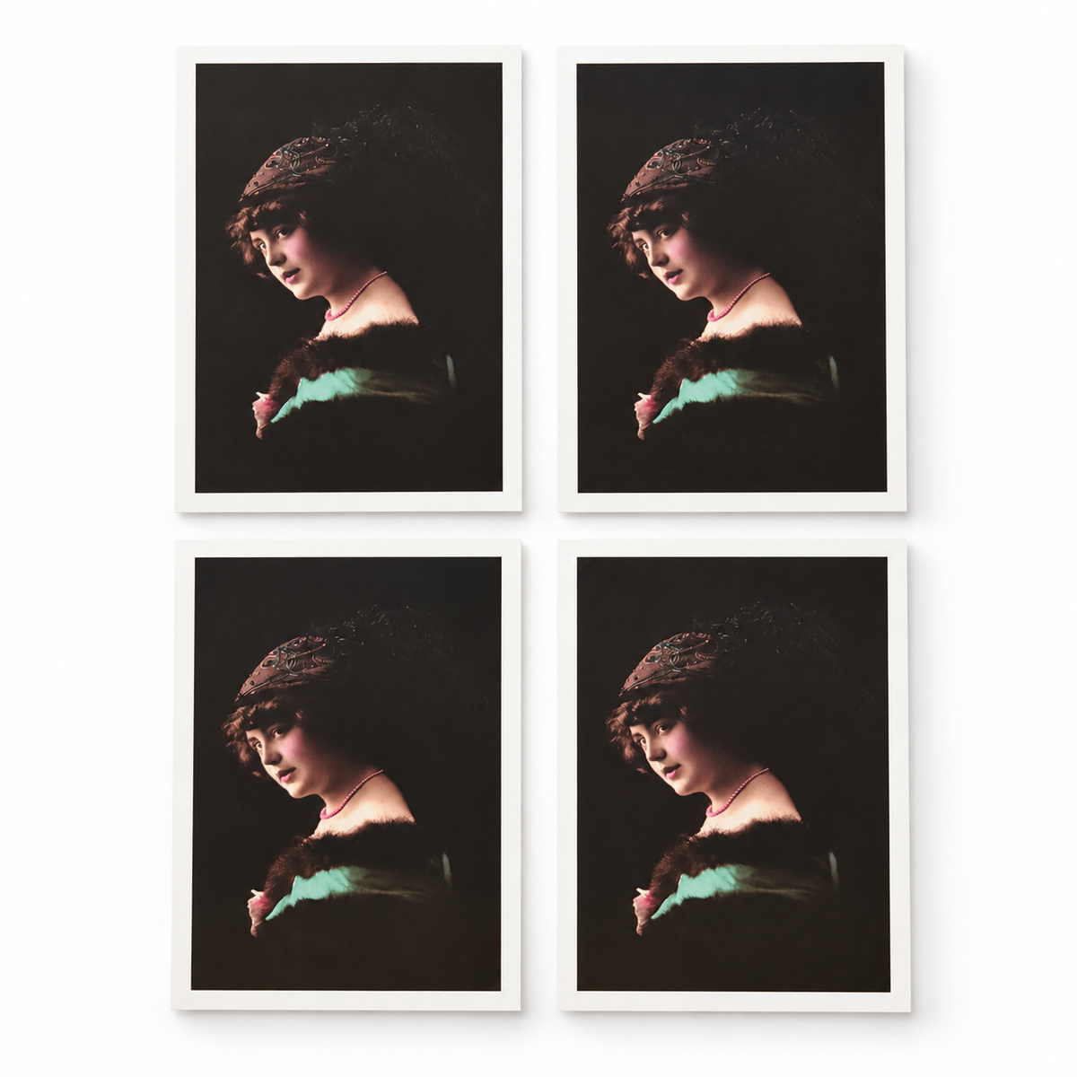 Vintage Feathered Hat Portrait Postcards — set of four