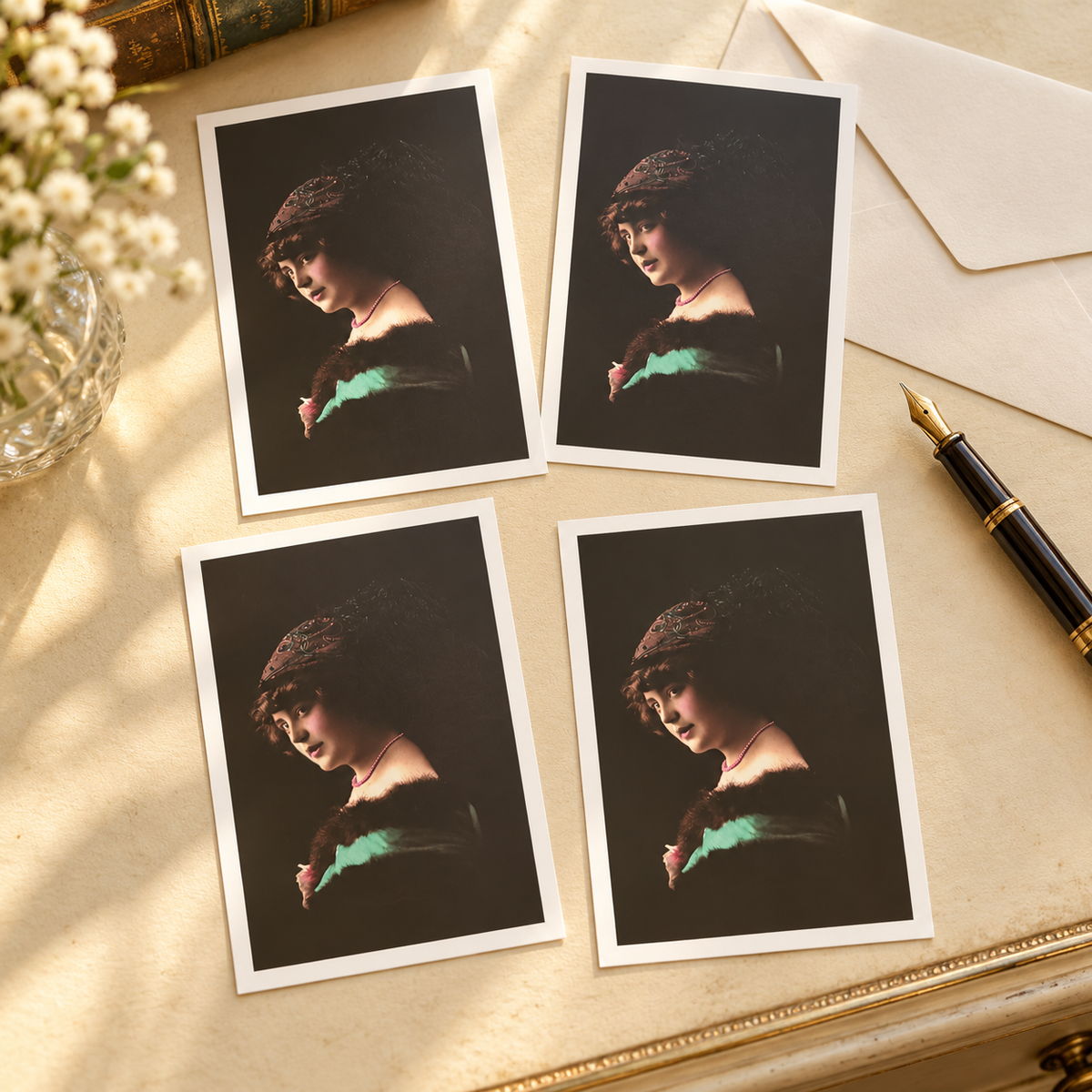 Vintage Feathered Hat Portrait Postcards — styled set of four