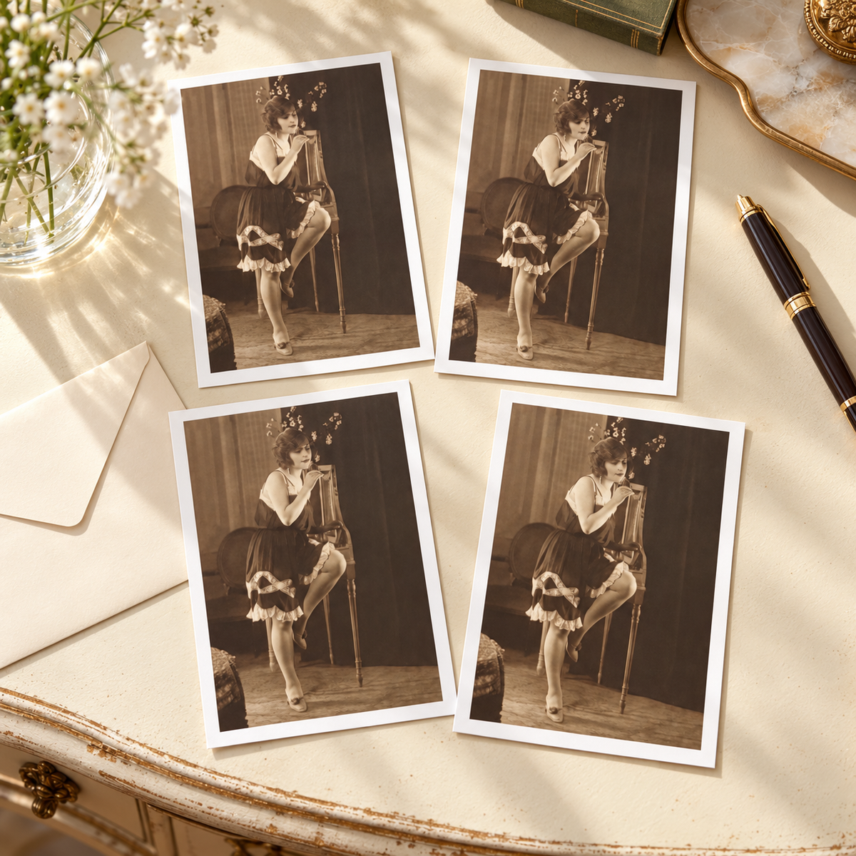 Vintage French Woman by Chair Postcards — styled set of four