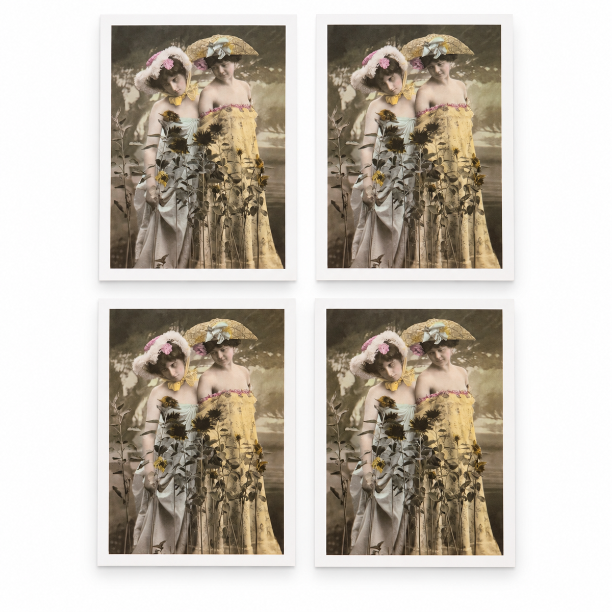Vintage Women with Sunflowers Photo Postcards — set of four