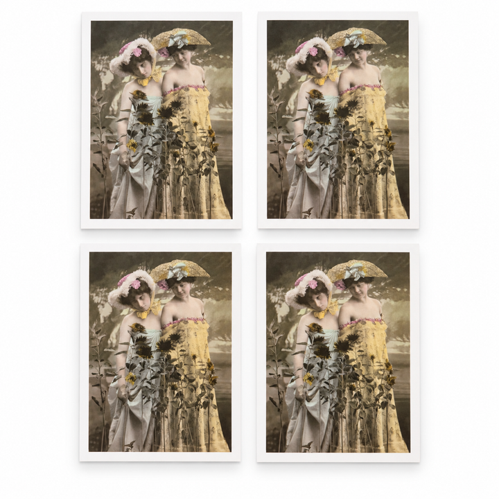 Vintage Women with Sunflowers Photo Postcards — set of four