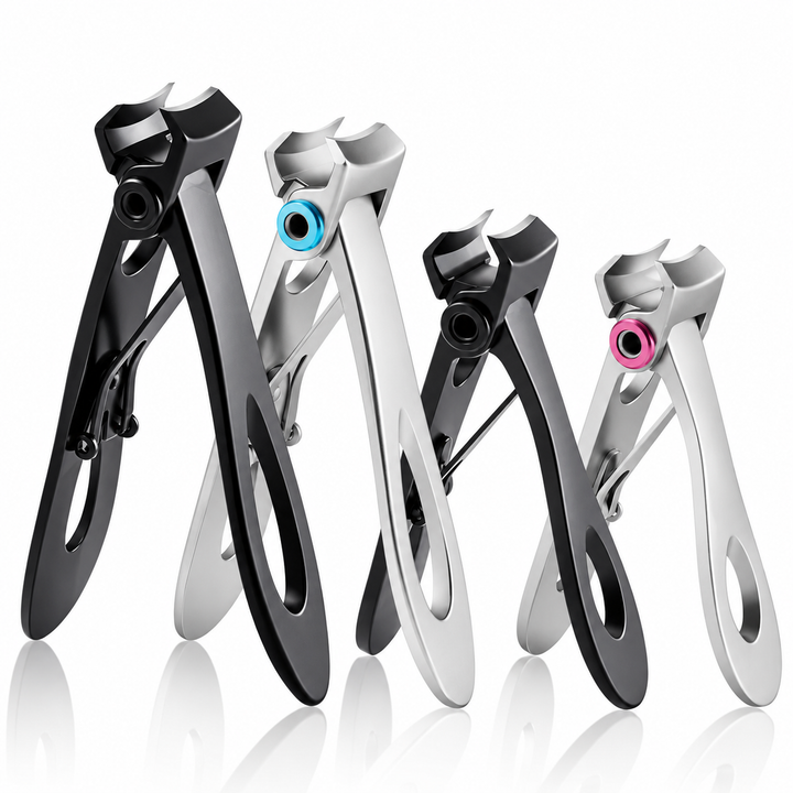 Angled nail clipper size and finish options on white background