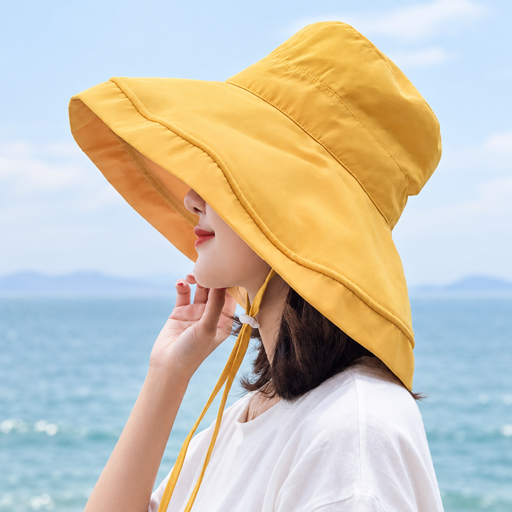 Reversible Wide-Brim Sun Hat with Chin Strap — studio product view