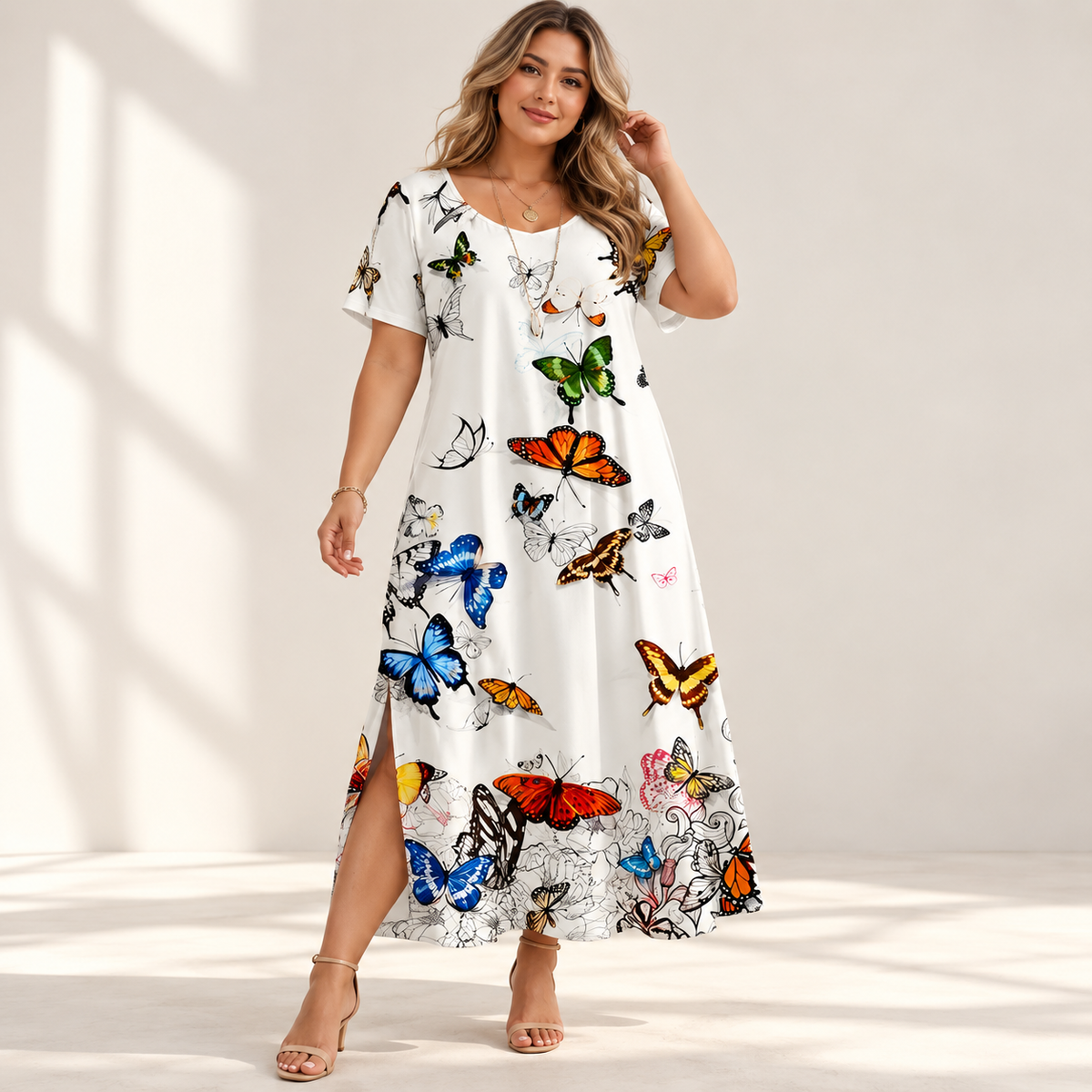 Plus-Size Short-Sleeve Printed Maxi Dress — studio product view
