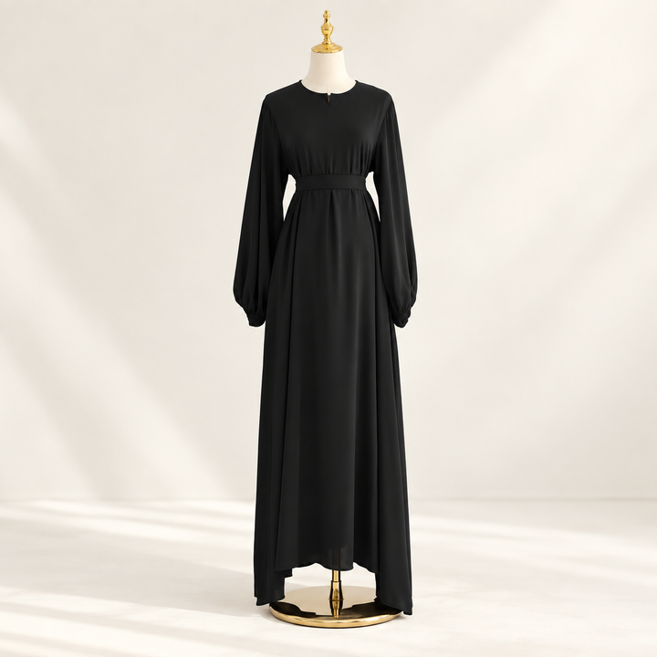 Long-Sleeve Belted Abaya Dress — studio product view