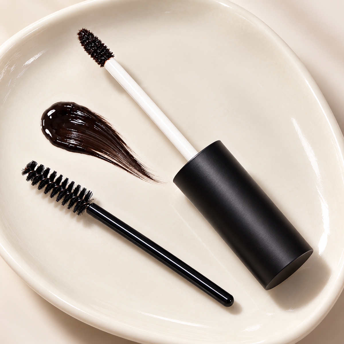 Peel-off brow tint applicator and spoolie detail with gel swatch