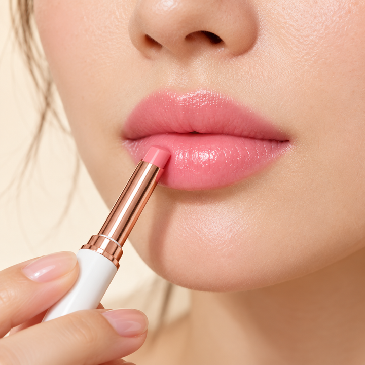 Pink lip balm with rose-gold-tone barrel during application