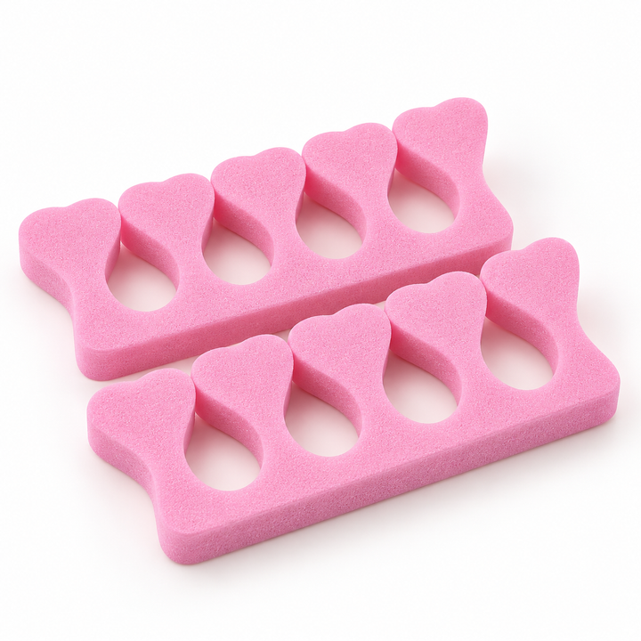 Pair of pink foam toe separators, detail from a bulk pack