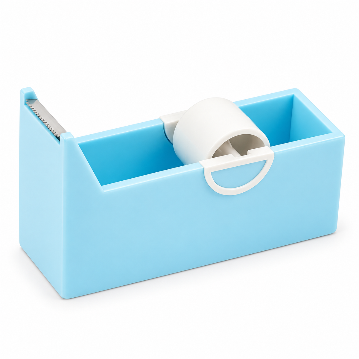 Light-blue lash tape dispenser with empty white spool and serrated cutter