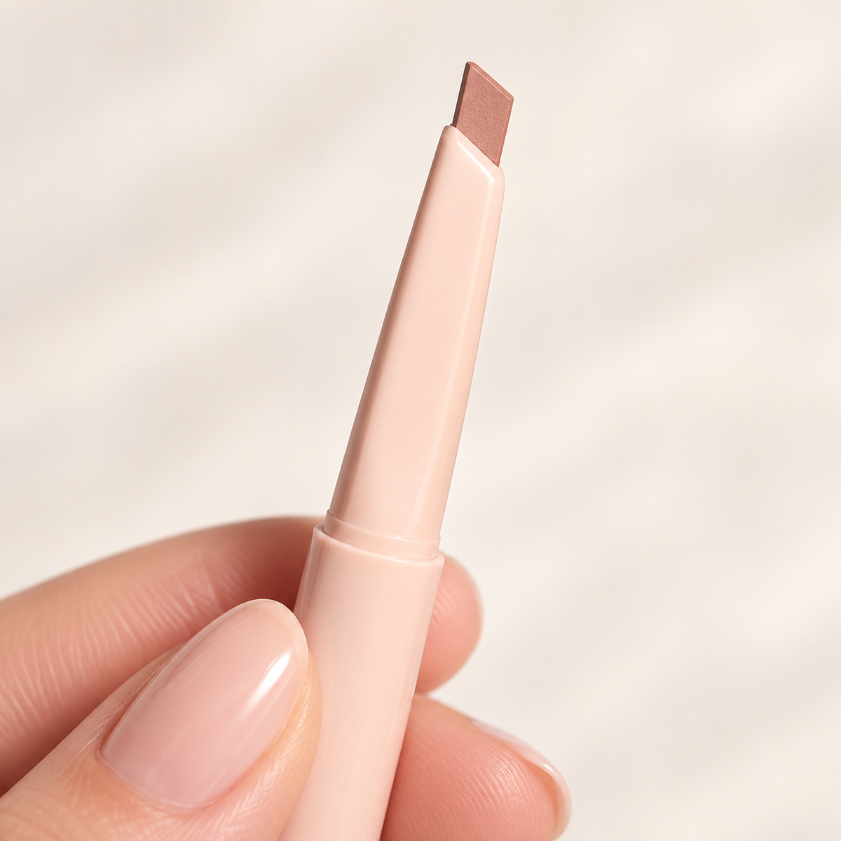 Close-up of retractable nude lip liner with a flat angled tip