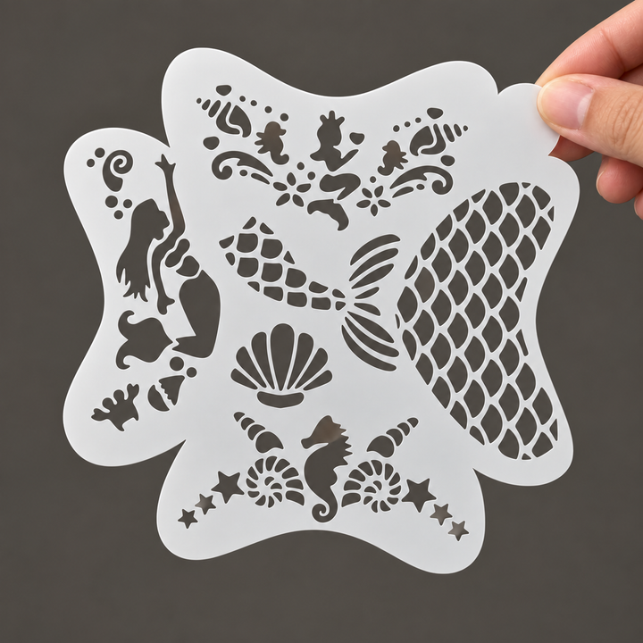 Sea-themed reusable face-painting stencil held at its upper corner