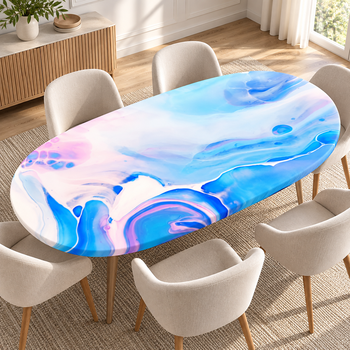 Marble-Print Fitted Oval Tablecloth